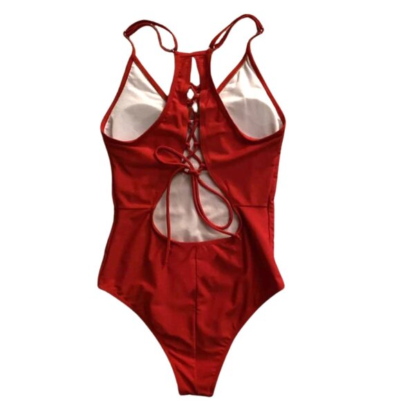 Red One-Piece Swimsuit Cheeky Cut Lace-Up Back Adjustable Straps Removable Cups - Picture 3 of 9